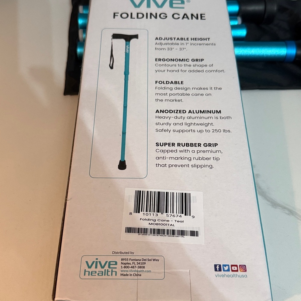 Vive Teal Folding Cane - Lightweight Collapsible Walking Cane - Picture 2 of 4